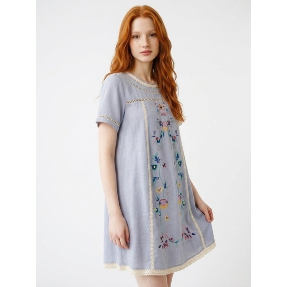 Umgee USA Blue Linen Blend Embroidered Floral Lace Trim Boho Shift Dress S